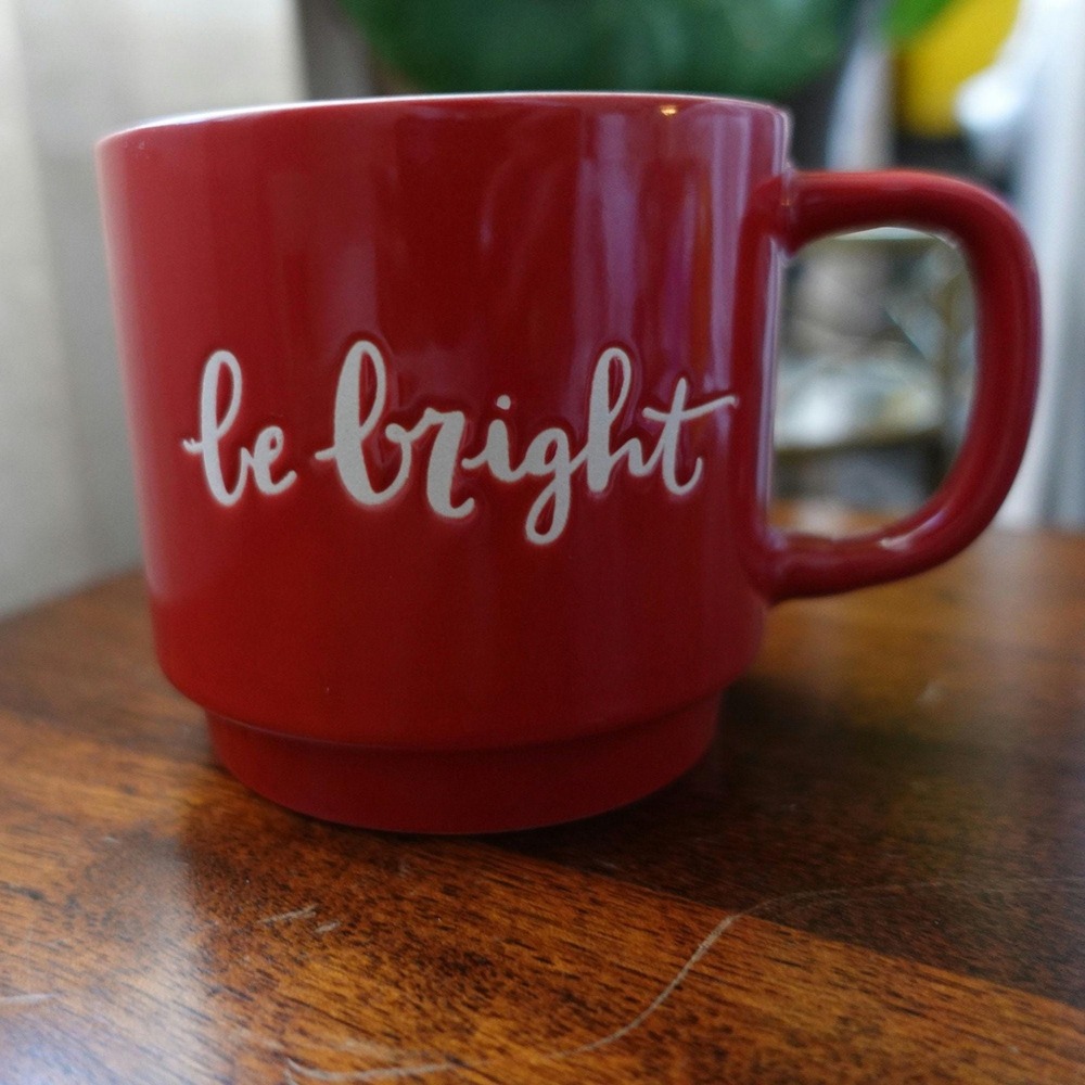 Red and white stoneware mug be bright‎ collectible cup